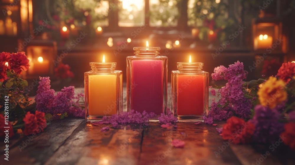 Candles light a rustic table surrounded by colorful flowers, creating a serene vibe Candles light a rustic table surrounded by colorful flowers, creating a serene vibe