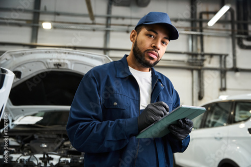 Skilled mechanic in uniform reviews notes with focus in a well lit automotive workshop setting photo