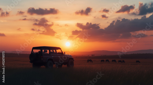 Safari adventure at sunset with elephants in the distance photo