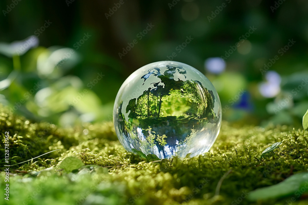 Crystal Globe Resting on Green Moss in a Forest, Symbolizing Environmental Protection and Sustainability, Perfect for Earth Day and ESG Concepts Crystal Globe Resting on Green Moss in a Forest, Symbolizing Environmental Protection and Sustainability, Perfect for Earth Day and ESG Concepts