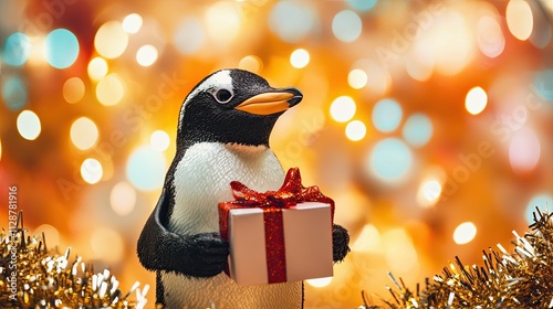 penguin. with a gift in hand. beautifully packaged box. huge smile. in a tracksuit. on a plain bright festive background. piercing tinsel.  photo