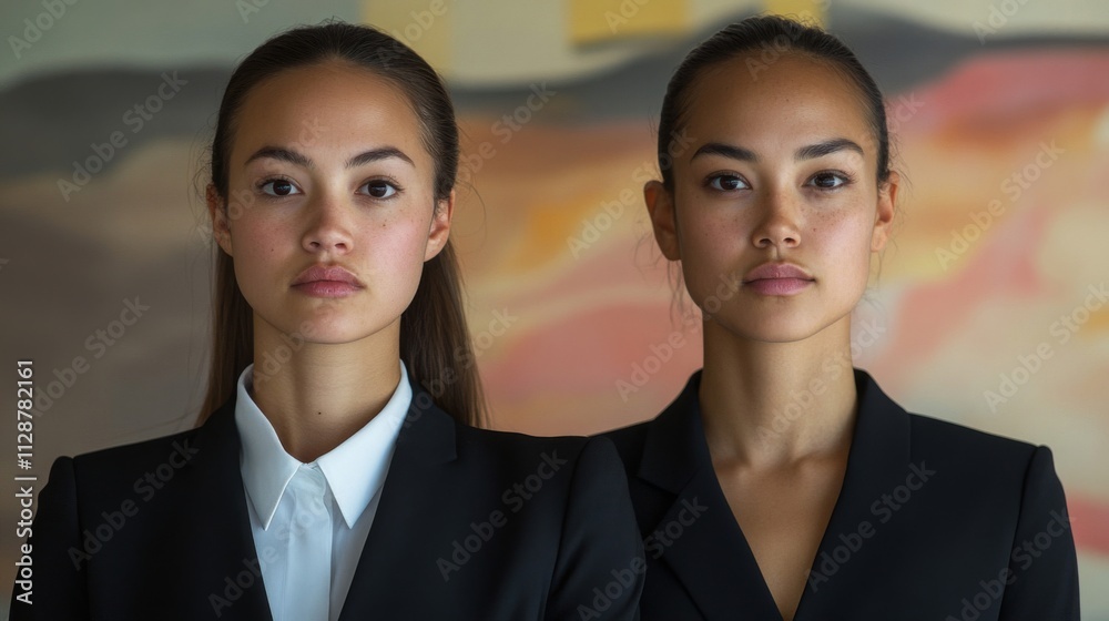 Two Women in Black Suits Looking Directly at the Camera Two Women in Black Suits Looking Directly at the Camera
