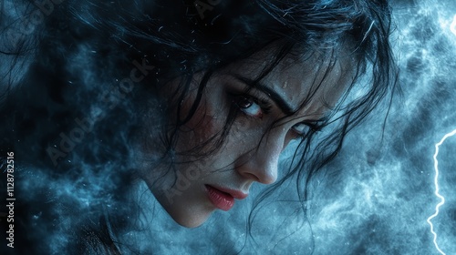Dark clouds swirl around a fierce woman with captivating eyes, radiating powerful energy