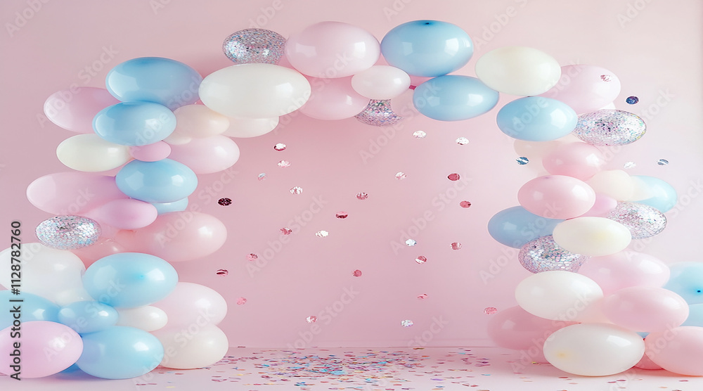 Pastel Pink and Blue Balloons Framing a Blank Square on a Colorful Background Perfect for Party Themes.