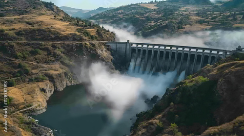 A drone flying above a massive dam capturing cascading water and structural details. photo