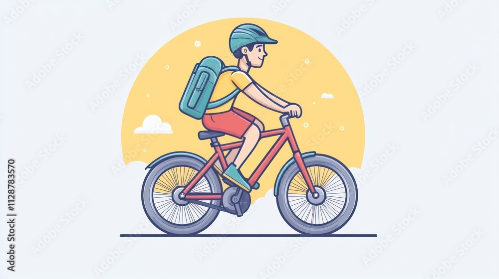 Boy Rides Bicycle With Backpack Outdoors Boy Rides Bicycle With Backpack Outdoors