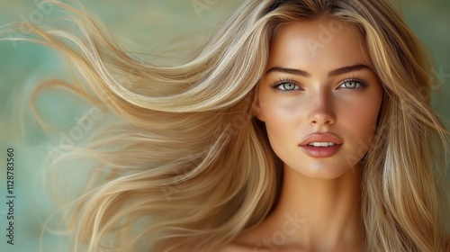 A serene portrait of a woman with flowing blonde hair and captivating green eyes.