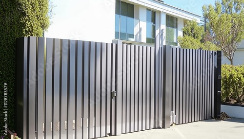 Modern sliding gate made of aluminum lattice panels that closes the entrance to a residential building. AI generated.