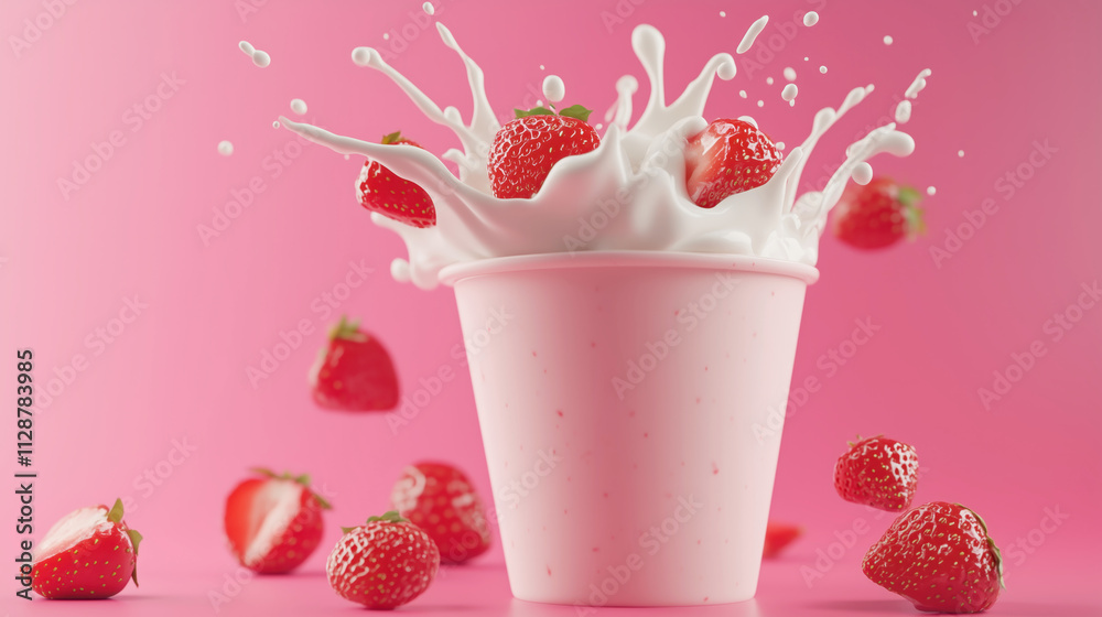 Strawberry splash in creamy milk cup on pink background Strawberry splash in creamy milk cup on pink background