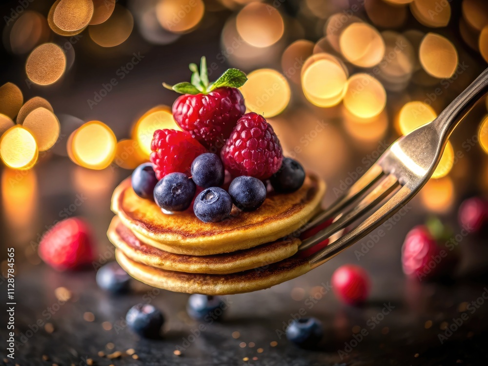 Juicy berries atop a miniature pancake, captured in low light; a delectable dessert bite. Juicy berries atop a miniature pancake, captured in low light; a delectable dessert bite.