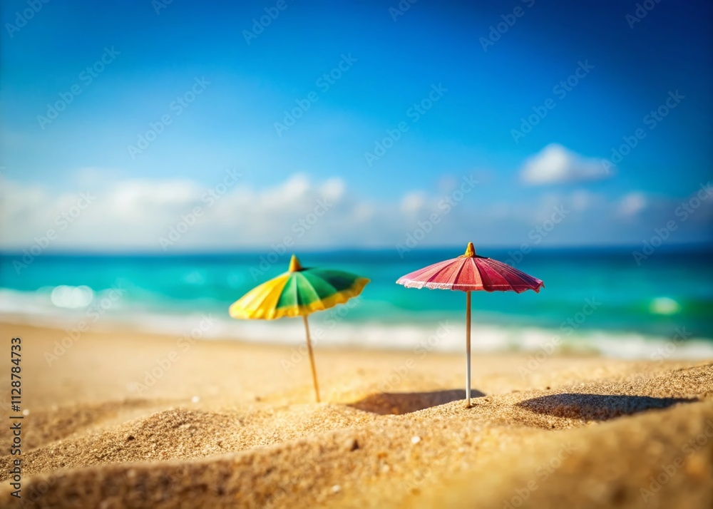 Captivating Tilt-Shift Photography of a Pair of Colorful Umbrellas on a Sandy Beach, Creating a Miniature World of Relaxation and Joyful Leisure in the Sunlight Captivating Tilt-Shift Photography of a Pair of Colorful Umbrellas on a Sandy Beach, Creating a Miniature World of Relaxation and Joyful Leisure in the Sunlight