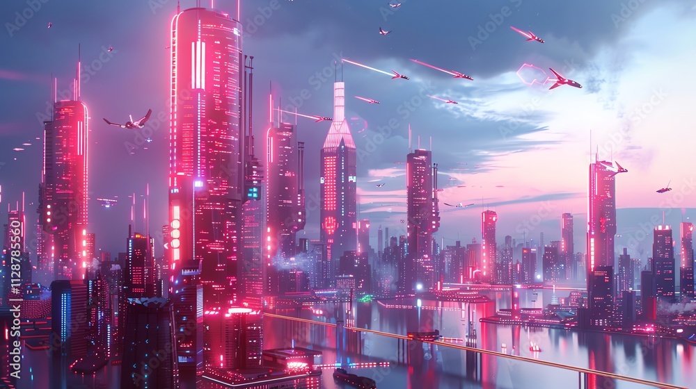 A futuristic city skyline with glowing lights and flying vehicles. A futuristic city skyline with glowing lights and flying vehicles.
