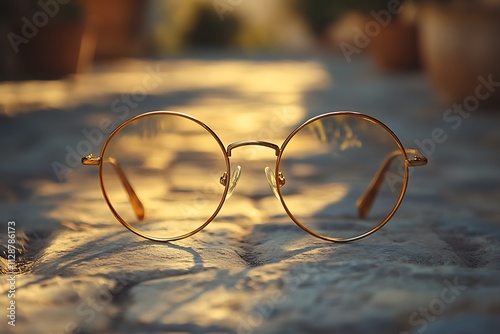 Round eyeglasses bathed in golden sunlight, resting on a textured surface.