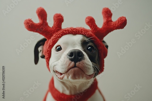 Happy Dog Wearing Red Reindeer Antlers Sitting photo