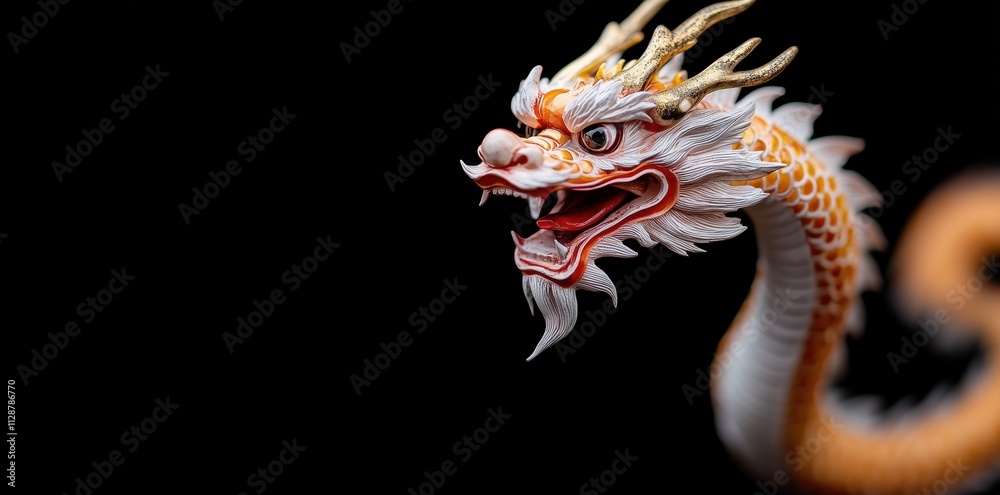 Magnificent Closeup of an Intricately Carved Asian Dragon Figurine Against a Black Background Magnificent Closeup of an Intricately Carved Asian Dragon Figurine Against a Black Background