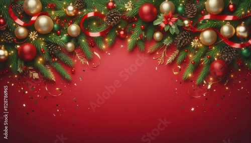 A festive christmas banner with red ornaments hanging from a tree branch photo