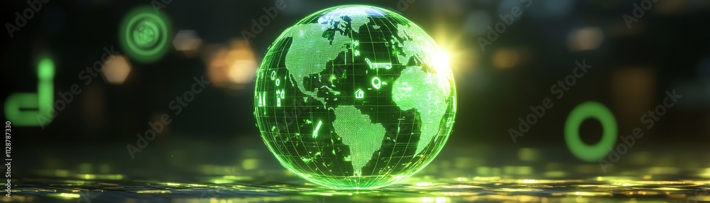 A glowing green globe with renewable energy icons, surrounded by clean industrial factories, representing sustainable green electricity and energy conservation