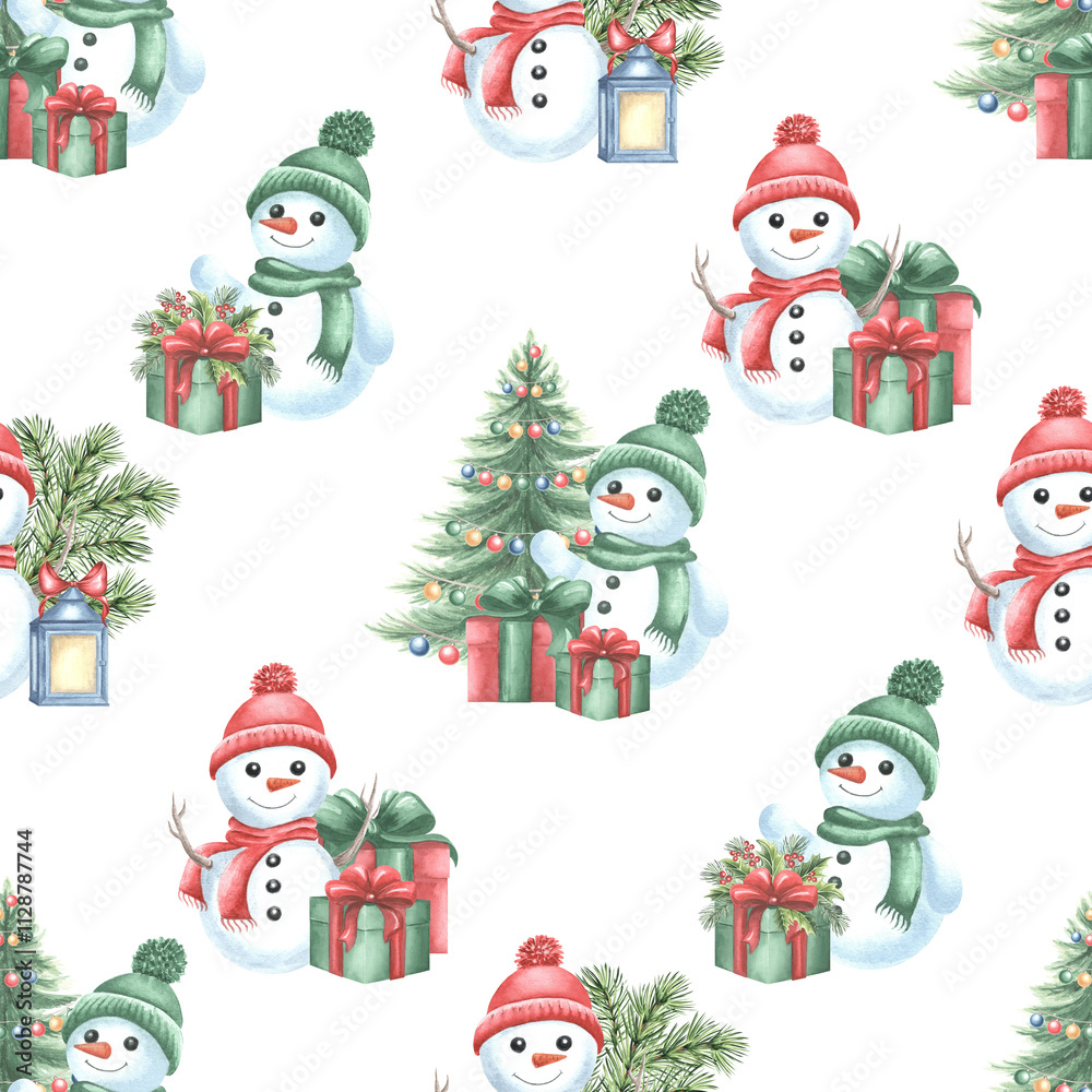 Snowmen with christmas tree, gift boxes and lantern. Winter seamless pattern for holiday design. Hand drawn watercolor illustration. Template for Christmas and New Year print, paper, wrapping, fabric. Snowmen with christmas tree, gift boxes and lantern. Winter seamless pattern for holiday design. Hand drawn watercolor illustration. Template for Christmas and New Year print, paper, wrapping, fabric.