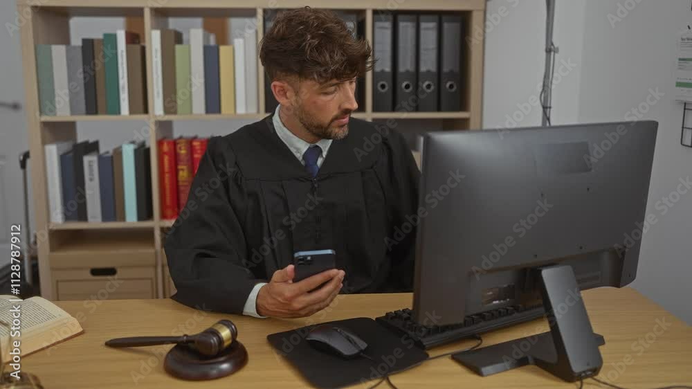 Young man in judge robe using smartphone in office with gavel on desk and bookshelf in background Young man in judge robe using smartphone in office with gavel on desk and bookshelf in background