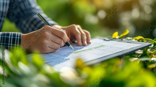 Hands are writing on a clipboard while surrounded by lush greenery, indicating a focus on sustainable finance initiatives. This setting promotes environmental awareness and financial responsibility.