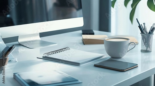 A close-up of an office desk with papers, a coffee mug, and a computer monitor displaying design software in the background. Bright daylight illuminates the scene, conveying a busy work environment. 