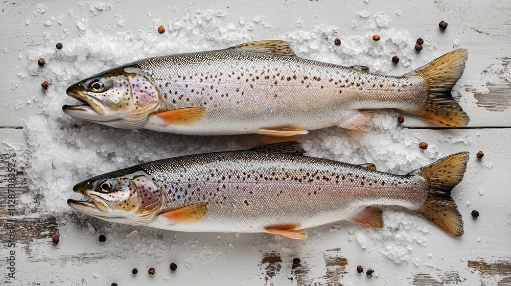 Fresh trout on ice with peppercorns, ready for cooking. Fresh trout on ice with peppercorns, ready for cooking.
