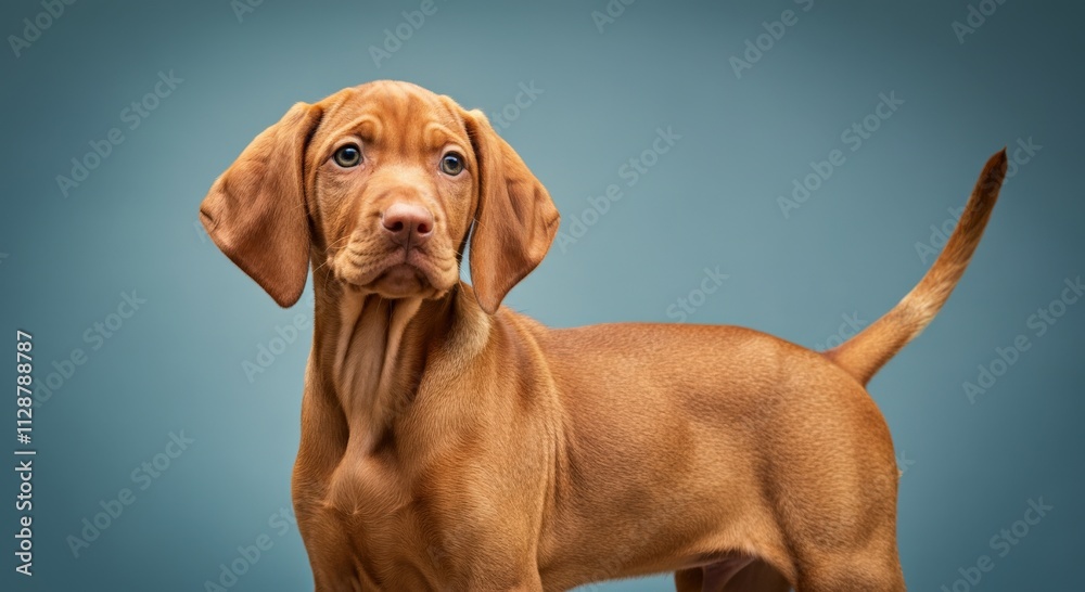 Young dog portrait on blue background for pet lovers and animal enthusiasts