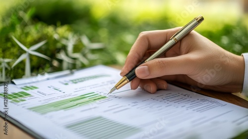 A hand holds a pen, actively reviewing a document filled with charts and data related to sustainable finance. photo