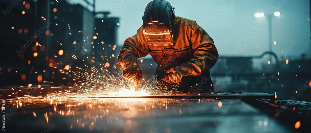 Worker in protective gear collects molten metal in a dimly lit industrial setting during nighttime hours Worker in protective gear collects molten metal in a dimly lit industrial setting during nighttime hours