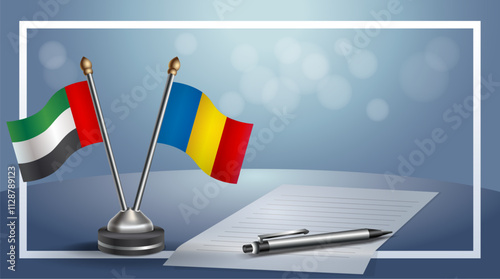 United Arab Emirate and Romania National flags on small table with bokeh background, cooperative relationship