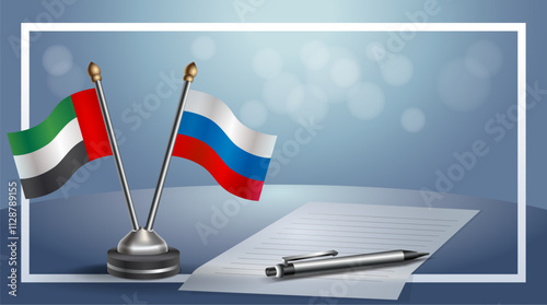 United Arab Emirate and Russian Federation National flags on small table with bokeh background, cooperative relationship