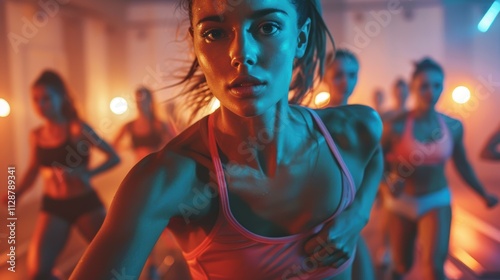 People participating in a high-intensity interval training (HIIT) class in a gym studio, sweating and giving their all during a cardio circuit