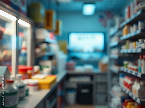 there is a blurry image of a store with shelves and food. photo