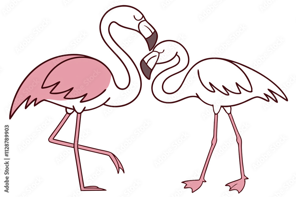 Naklejka premium Simplistic silhouette of two flamingos in dark tones with outlined shapes. Their necks entwine, forming a heart-like composition, set against a transparent background