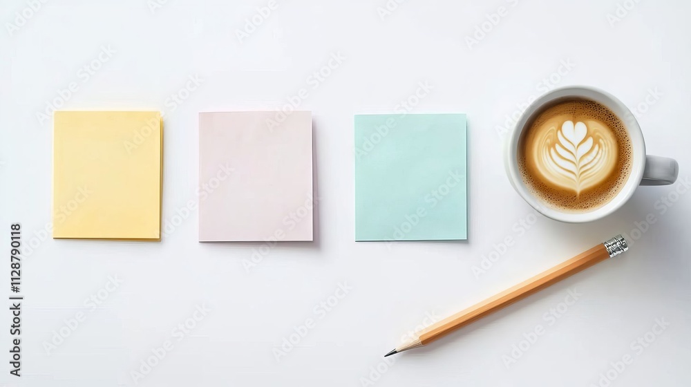 pastel post-it notes on a white background with a coffee mug and pencil next to them, in a flat lay photography style. pastel post-it notes on a white background with a coffee mug and pencil next to them, in a flat lay photography style.