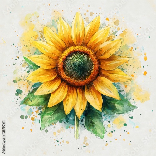 Sunflower Splash, vibrant watercolor art, delicate petals, bold green leaves, dynamic paint splatters, airy background