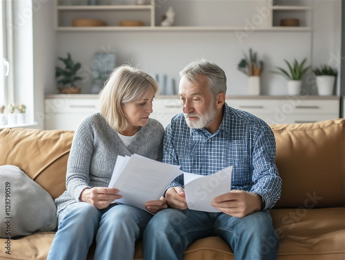 Middle-aged couple reviewing paperwork together at home. The cozy interior and their focused expressions convey teamwork, planning, and connection.