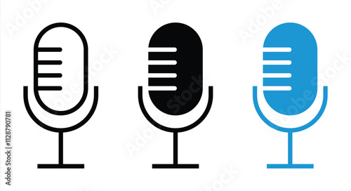 Set of Microphone Icons in Black and Blue on White Background