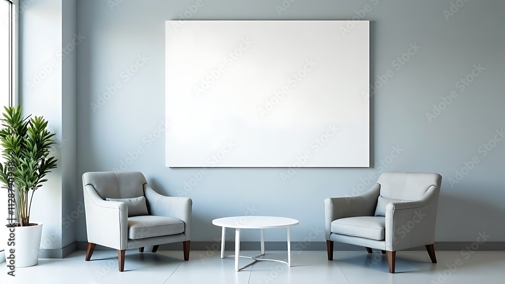 A mockup of an empty white poster on the wall in modern hospital waiting room with comfortable chairs and medical equipment A mockup of an empty white poster on the wall in modern hospital waiting room with comfortable chairs and medical equipment