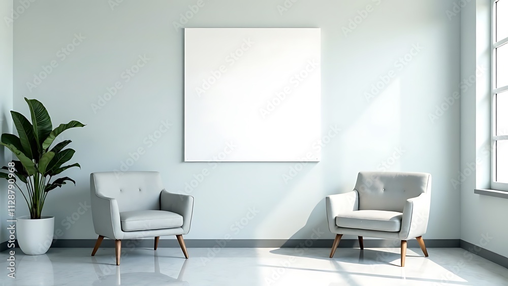 A mockup of an empty white poster on the wall in modern hospital waiting room with comfortable chairs and medical equipment A mockup of an empty white poster on the wall in modern hospital waiting room with comfortable chairs and medical equipment