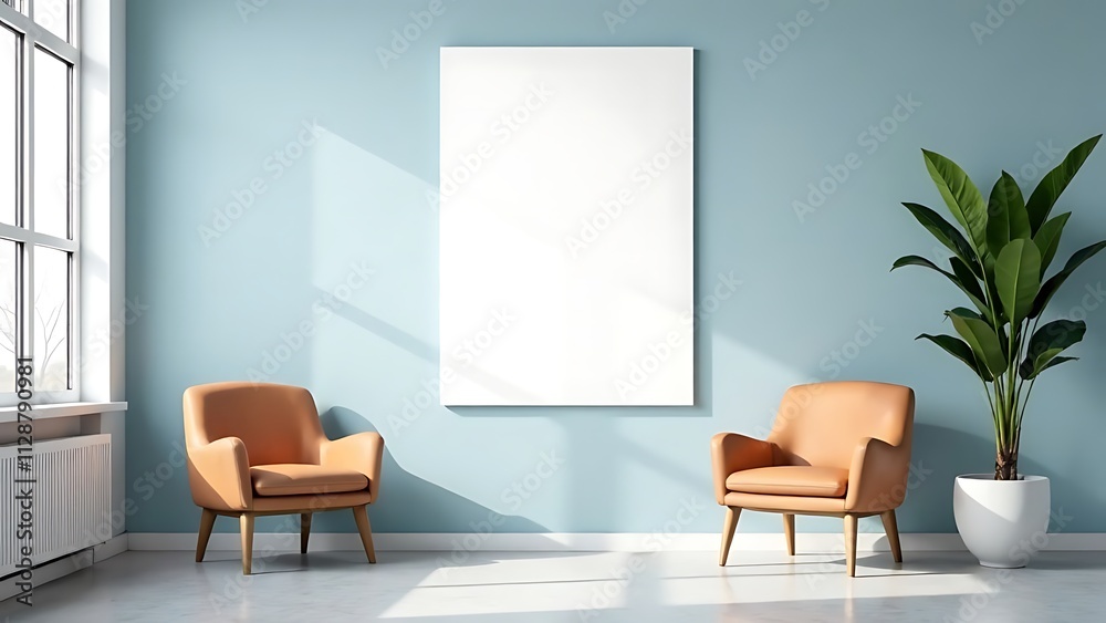 A mockup of an empty white poster on the wall in modern hospital waiting room with comfortable chairs and medical equipment A mockup of an empty white poster on the wall in modern hospital waiting room with comfortable chairs and medical equipment