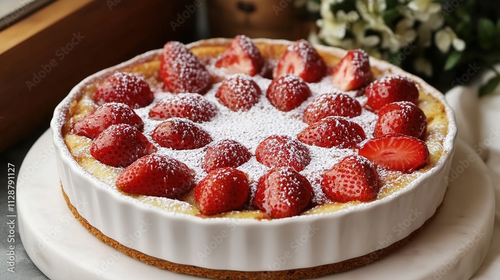 Fresh strawberry tart on plate, dusted with icing sugar Fresh strawberry tart on plate, dusted with icing sugar