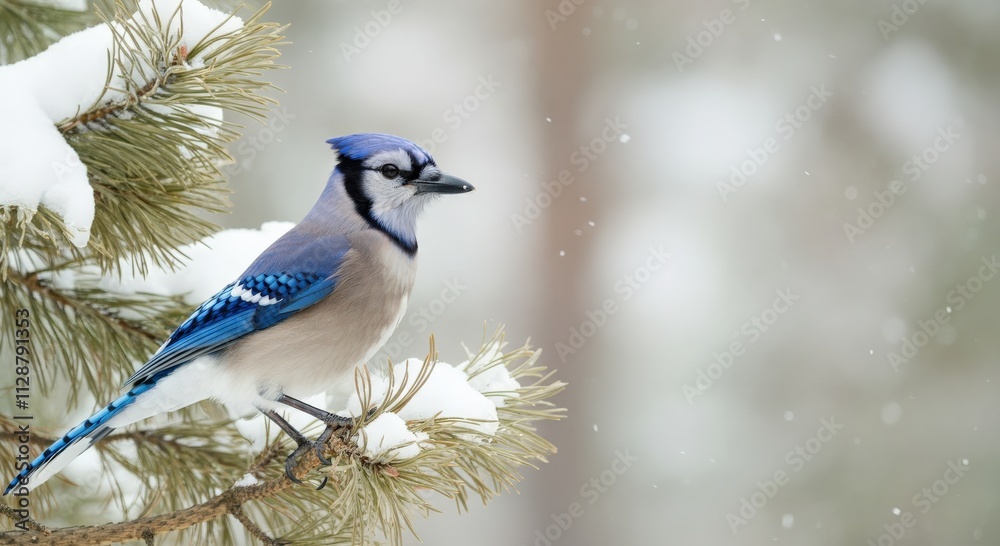 Blue jay in winter habitat on snow-covered pine branch for nature design concepts