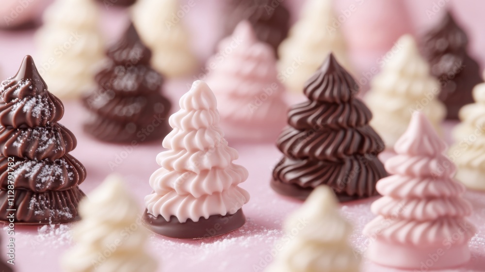 Christmas tree made of chocolate candies with a star on top representing alternative symbols, copy space on a pink background Christmas tree made of chocolate candies with a star on top representing alternative symbols, copy space on a pink background