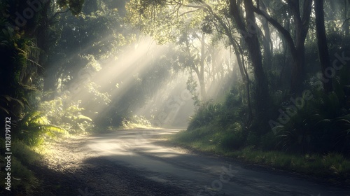 A road winding through the New Zealand bush, with rays of sunlight piercing down from above, creating an ethereal atmosphere