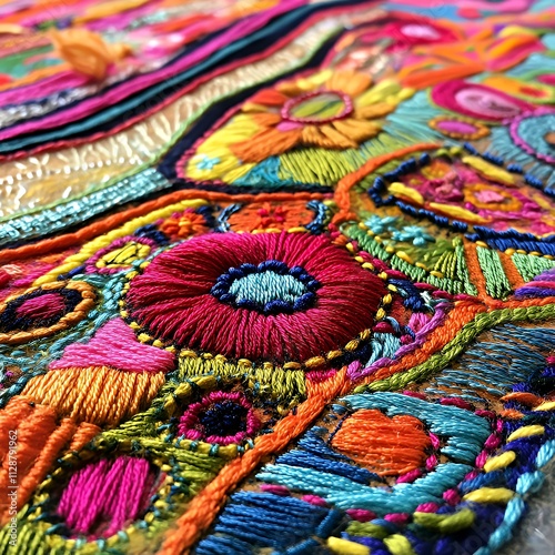 Textile art piece with intricate embroidery