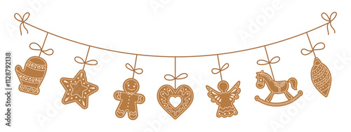 Christmas garland with gingerbread cookies in the form of different characters and holiday items. Festive illustration.