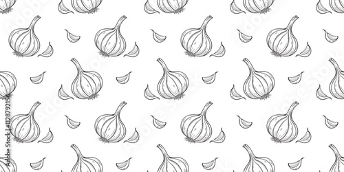 Seamless pattern with hand drawn garlic bulb and clove on white background. Vegetable background.