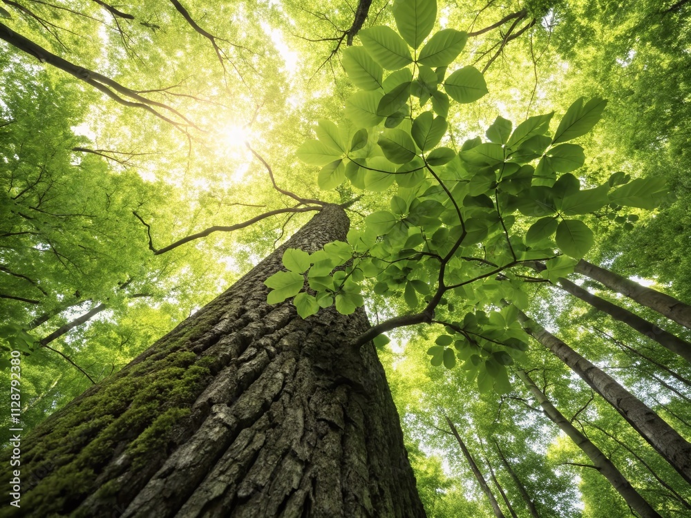 Fototapeta premium Captivating View of Tree Trunk with Lush Green Leaves Illuminated by Sunlight in a Vibrant Forest, Emphasizing Nature's Beauty and Sustainable Conservation Efforts