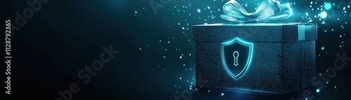 A futuristic gift box with a shield, symbolizing security and innovation.